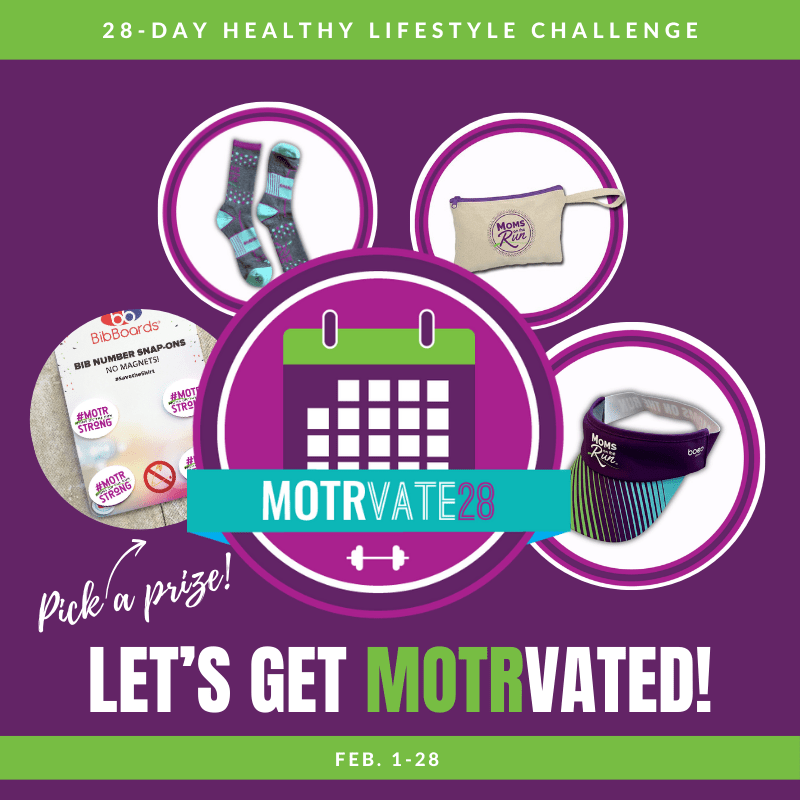 Purple background with circles holding Bibboards, socks, wristlet, visor for MOTRvate28