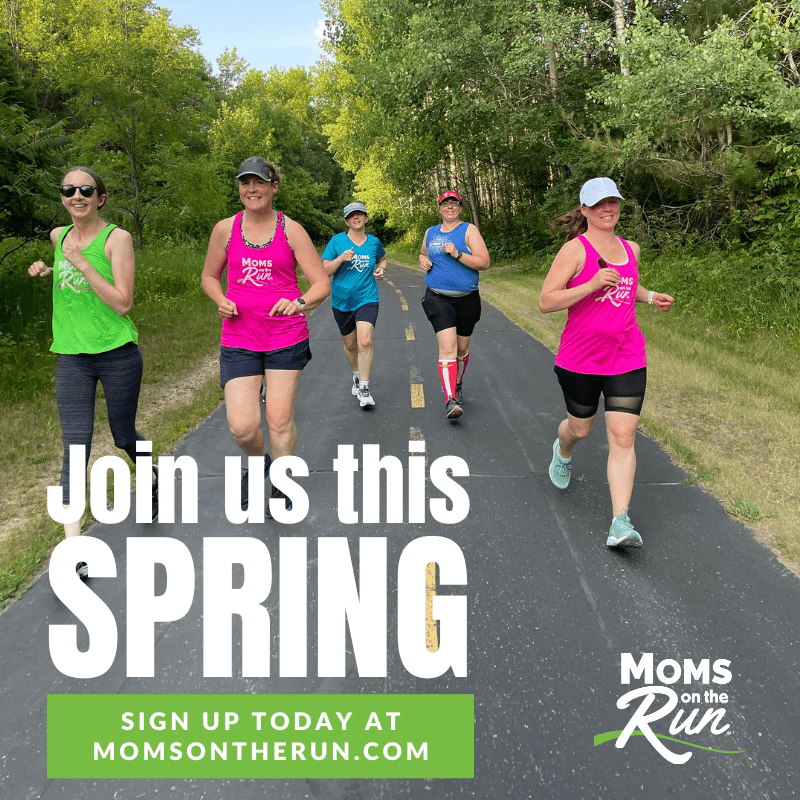 Women running in a group with text Join us this spring